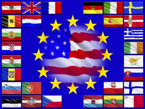 Flags of the countries of the European Union against the background of the flag of the EU