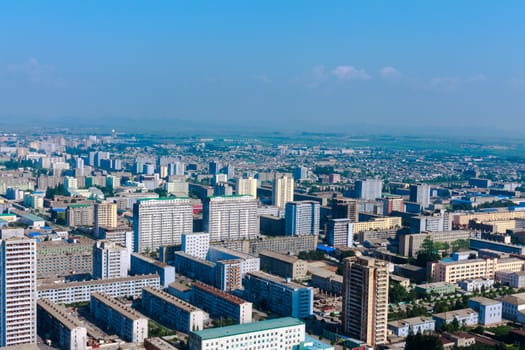  Aerial view of the city in Pyongyang, North Korea. Pyongyang is the capital city of the DPRK.