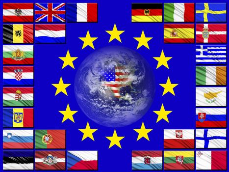 Flags of the countries of the European Union against the background of the flag of the EU