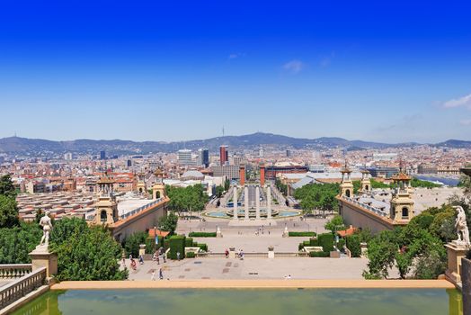 BARCELONA, SPAIN - JULY 19: Aerial view of Barcelona, Spain, from Montjuic Hill on July 19, 2012. There are many important landmarks, such as Quatre Columnes, Las Arenas or the Venetian Towers