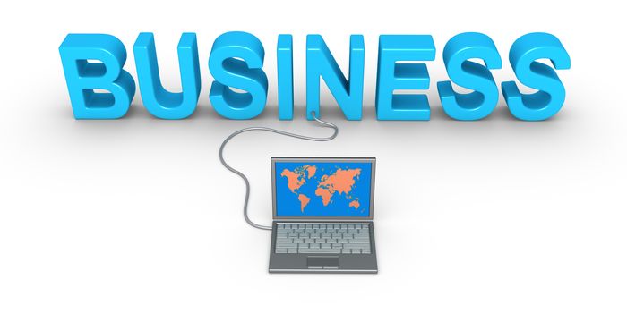 Business word and a laptop is connected to it