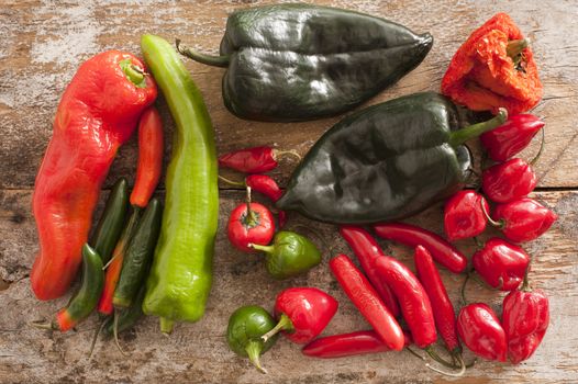 A selection of hot Chili Peppers of different varieties and colours on a wooden background