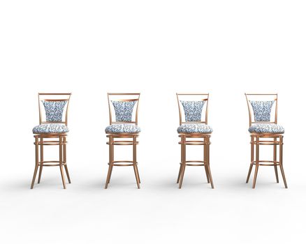 Row of white coffee shop chairs on white background - front view.