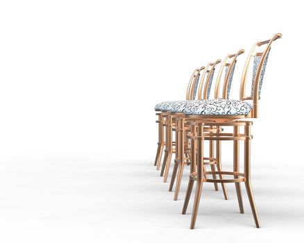 Four coffee shop chairs on white background - side view.