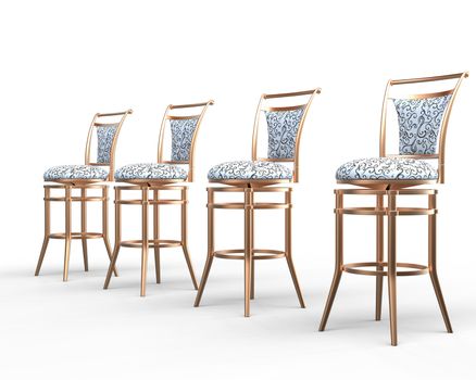 Four coffee shop chairs on white background - close up.