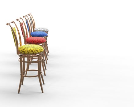 Red, blue, yellow and white coffee shop chairs - side view.