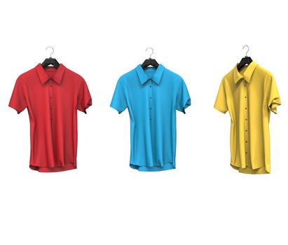 Red, blue and yellow short sleeve shirts isolated on white background.