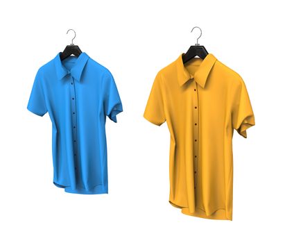 Blue and yellow short sleeve shirts isolated on white background.