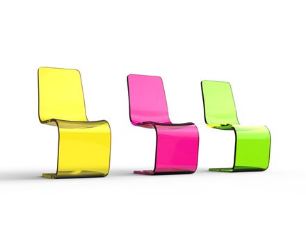 Futuristic yellow, purple and green plastic chairs on white background.