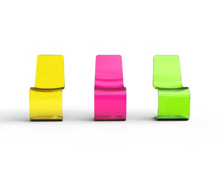 Futuristic yellow, purple and green plastic chairs on white - front view.