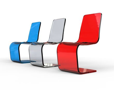 Futuristic white, red and blue plastic chairs on white background.