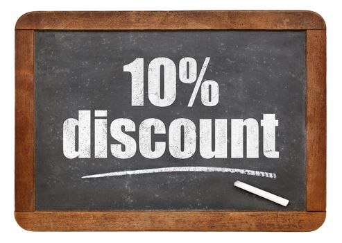 ten percent discount sign - white chalk text on an isolated  vintage slate blackboard
