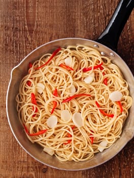 close up of rustic traditional italian aglio olio spaghetti pasta