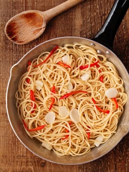 close up of rustic traditional italian aglio olio spaghetti pasta