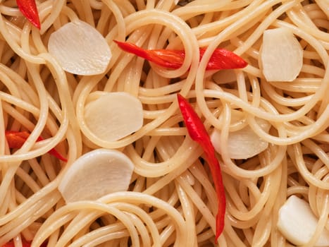 close up of traditional italian aglio olio spaghetti pasta food background