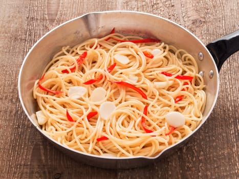 close up of rustic traditional italian aglio olio spaghetti pasta