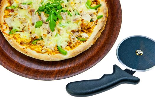 Chicken Pasta on Tray and Pizza Cutter on white