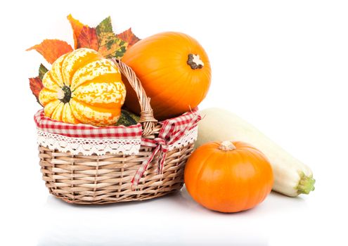 yellow pumpkins vegetables in basket, isolated on white background