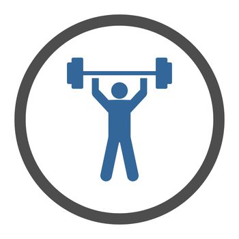 Power lifting glyph icon. This rounded flat symbol is drawn with cobalt and gray colors on a white background.