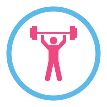 Power lifting glyph icon. This rounded flat symbol is drawn with pink and blue colors on a white background.