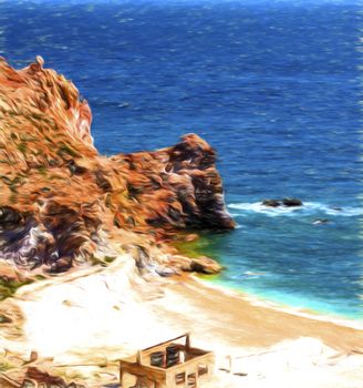 Beach near abandoned sulphur mines at Milos island, Cyclades, Greece - Painting effect