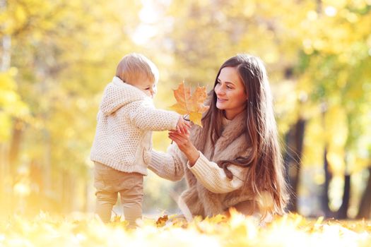 Mother and child having fun in autumn park among yellow leaves