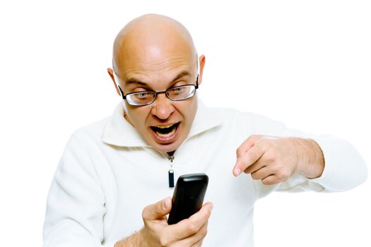 Bald man in glasses screaming into the phone. Studio. isolated