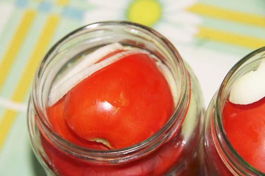 Tasty Tomatoes With Onion Canned In Glass Jars