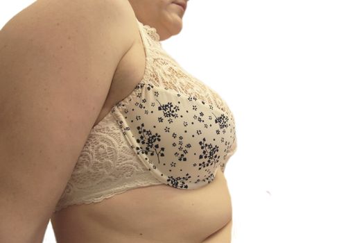 Woman breast in the white bra isolated on the white background