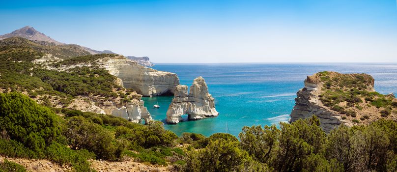 Beautiful panoramic seascape view of Kleftiko rocky coastline on Milos island, Greece