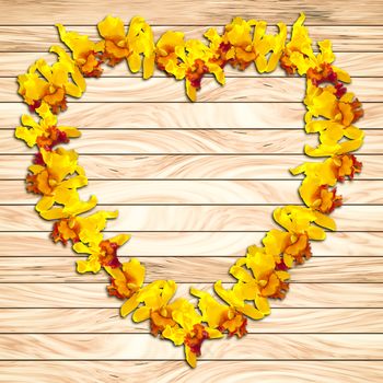 Abstact Beauty Heart Frame Yellow orchid on wood plank background