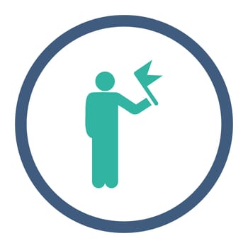 Man with Flag icon. This rounded flat symbol is drawn with cobalt and cyan colors on a white background.