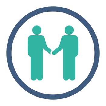 Handshake icon. This rounded flat symbol is drawn with cobalt and cyan colors on a white background.