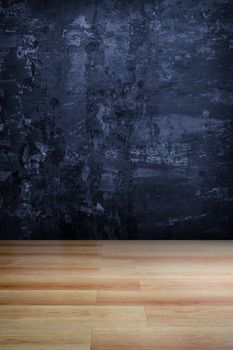 Dark blue grungy concrete wall and wooden floor , use for background
