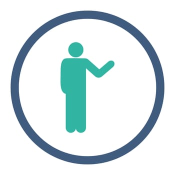 Talking person glyph icon. This rounded flat symbol is drawn with cobalt and cyan colors on a white background.