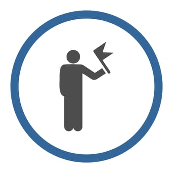 Man with Flag icon. This rounded flat symbol is drawn with cobalt and gray colors on a white background.