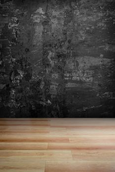 Dark grey grungy concrete wall and wooden floor , use for background
