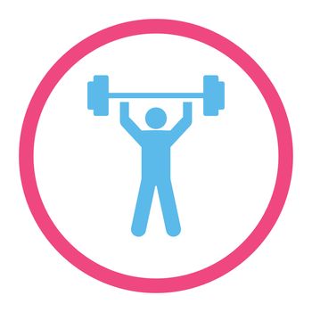 Power lifting glyph icon. This rounded flat symbol is drawn with pink and blue colors on a white background.