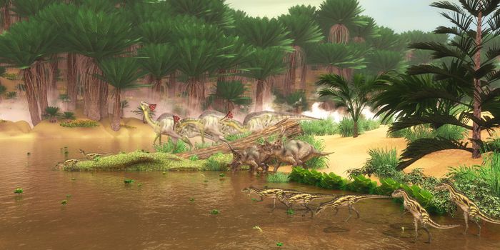 A serene look at a Cretaceous river with many different dinosaurs coming for a drink of water including Diabloceratops, Olorotitan and Deltadromeus.