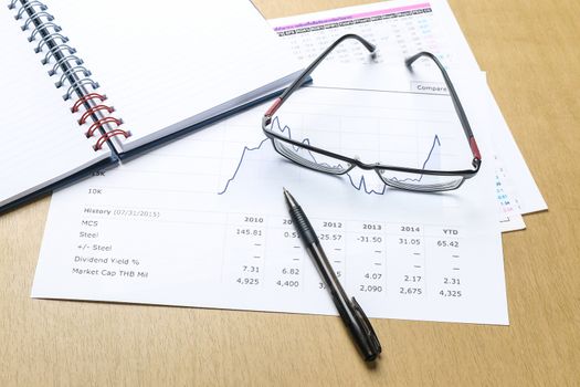 workplace with pen, notebook, glasses and financial report in concept of business and financial 