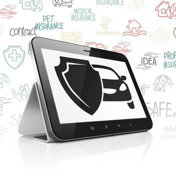 Insurance concept: Tablet Computer with  black Car And Shield icon on display,  Hand Drawn Insurance Icons background