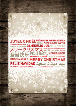 Merry christmas from the world. Different languages celebration vintage poster