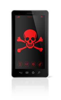 3D smart phone with a pirate symbol on screen. Hacking concept