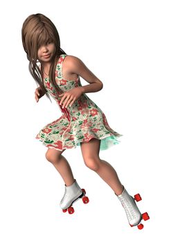 3D digital render of a cute girl on inline skates isolated on white background