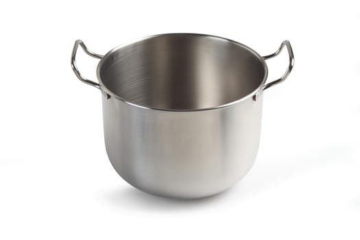 large steel pot with two handles on white background