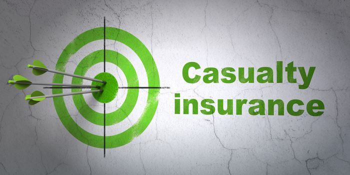 Success Insurance concept: arrows hitting the center of target, Green Casualty Insurance on wall background