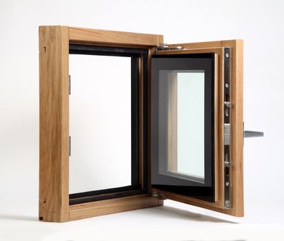 wooden window open on a white background