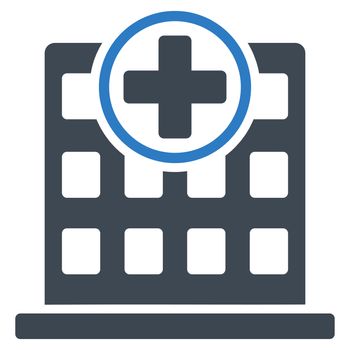 Clinic Building glyph icon. Style is bicolor flat symbol, smooth blue colors, rounded angles, white background.