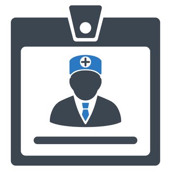 Doctor Badge glyph icon. Style is bicolor flat symbol, smooth blue colors, rounded angles, white background.