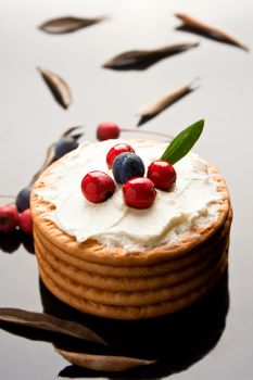  Cookies with cream cheese and blueberries on top surrounded with berries and dry leaves